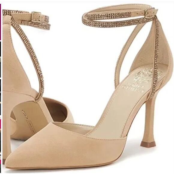 Vince Camuto Ketrinda Ankle Strap Pumps 7 Tan Suede Beige NWOT Heels Jewel - Picture 1 of 7
